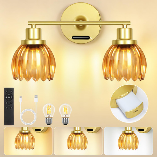 OUTON 2 Light Bathroom Wall Lights, Rechargeable Battery Operated Wall Sconce with Tulip Glass Lampshade, Remote, Touch Control, Dimmable, 8000mAh Battery, Wall Lamp for Mirror Living Room, Orange