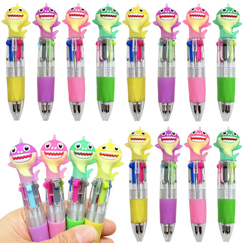 Finpletai Mini Shark Multicolor Pen in One 4-in-1 Bulk Writing Pens Assorted Ink Ballpoint Pens for Ournaling, Writing, Note-Taking, Teacher School Party Office Home (Shark, 12)