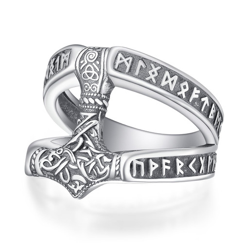ADMETUS Thor Hammer Ring for Men Sterling Silver Viking Rings for Men Viking Norse Runes Jewelry Gifts Mjolnir Ring Size 8