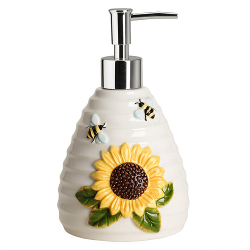 WAIT FLY Bee and Sunflower Ceramic Soap Dispenser with Plasic Pump, Refillable Lotion Soap Bottle-Sunflower-1