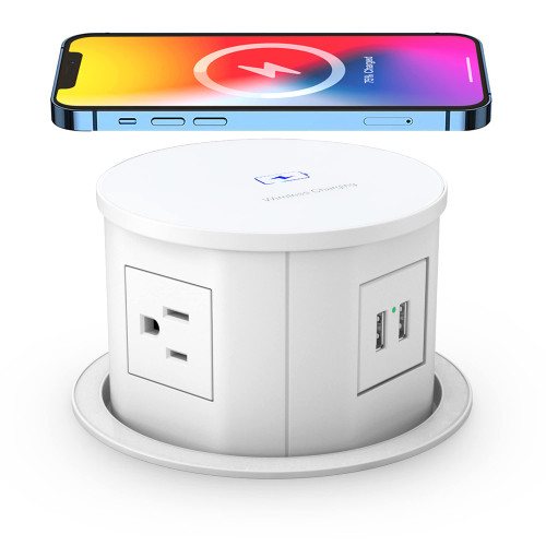 Jgstkcity Pop up Power Outlet with 15W Wireless Charger,Pop up Electrical Outlets for Countertops,4.7'' Diameter Round Pop Up Counter Outlet with 4 Outlets,2 USB,Hidden Pop Out Outlet,ETL Listed