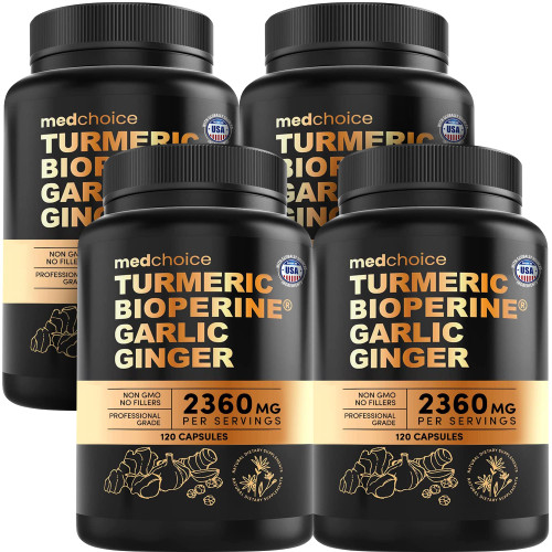 4-in-1 Turmeric and Garlic Supplements with BioPerine – 2360mg Turmeric Ginger Root Capsules with Garlic – High Potency Herbal Blend (120 ct, Pack of 4) 4-in-1 Turmeric and Garlic Supplements with BioPerine – 2360mg Turmeric Ginger Root Capsules with Garlic – High Potency Herbal Blend (120 ct, Pack of 4)