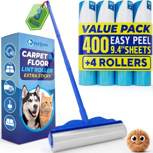 PetLovers Large Lint Roller with 3 Refills – 400 Total Sheets for Tackling Pet Hair, Extra Large Floor and Carpet Roller for Homes with Pets, Perfect for Floors, Furniture, and Loving Pet Owners