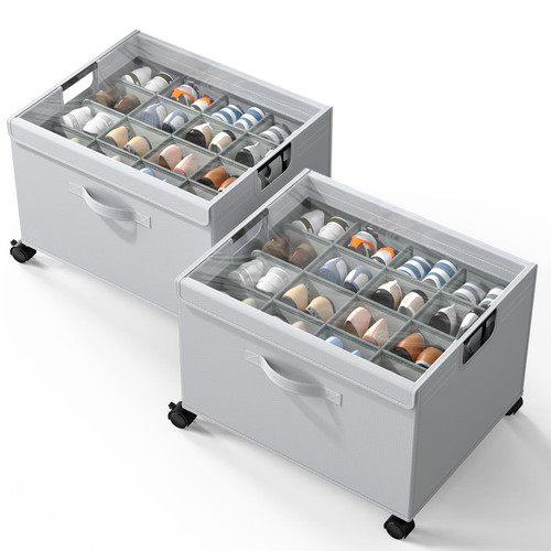 HOUSE AGAIN 2 Pack Shoe Organizer for Closet, Shoe Storage Organizer with Reinforced Metal‑Steel Frame, Lockable Wheels & Clear Cover, Foldable Shoe Box for Closet and Entryway, Gray