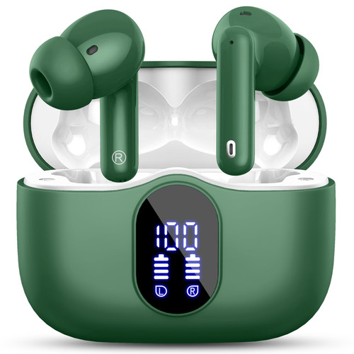 Btootos Wireless Earbud Bluetooth Headphones with 4 Mic, LED Power Display Bluetooth 5.3 True Wireless Earbud,Deep Bass Mini Wireless Headphones in Ear Buds Earphones Sport Elegant Green