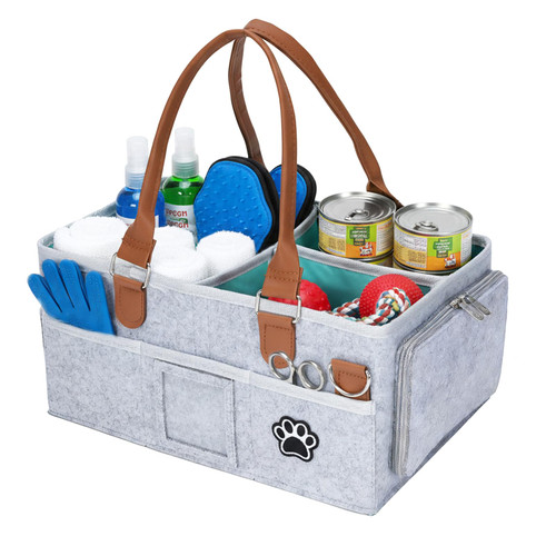 Brabtod Felt Dog Grooming Bag, Pet Portable Tote Bag with Handle, Dogs Storage Organizer, 3 Compartments Caddy with 8 Pockets, Ideal for Dog Cat Grooming Tool Kit/Diaper/Blanket/Pads-Gray