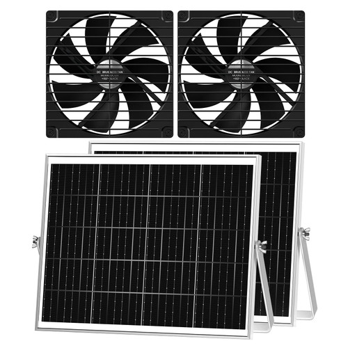 pqins 7.1" Solar Greenhouse Fan 2 Pack, 25W x 2 Large Solar Powered Intake and Exhaust Fan Outdoor Waterproof, 16.5 ft Cord, Strong Airflow for Chicken Coop Circulation and Ventilation, No Battery