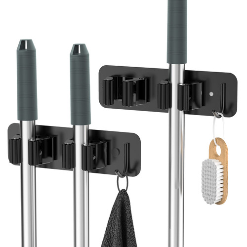 homeasy Wall Mount Mop and Broom Holder, Heavy Duty Stainless Steel Organizer Rack with Hooks | 2-Pack, 2-in-1 No Drill & Screw Installation, Black