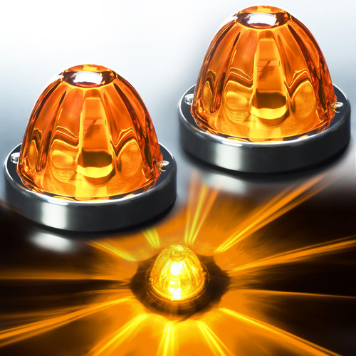 2Pcs Amber Glass Lens Watermelon Lights, Amber LED Side Marker Turn Signal Lights with Stainless Steel Bezel, 12V Starburst Clearance Marker Lights for Peterbilt Kenworth Freightliner Semi Trucks