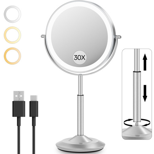 VFD 8'' 30X/1X Magnifying Makeup Mirror with Lights Height Adjustable