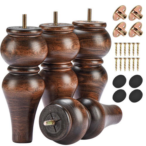 Btowin 8 Inch / 20cm Solid Wood Furniture Legs,4Pcs Couch Legs Wooden Bun Feet Sofa Feet with Threaded M8 Hanger Bolts &Mounting Plate &Screws for Sofa Cabinet Ottoman Armchair (Glaze