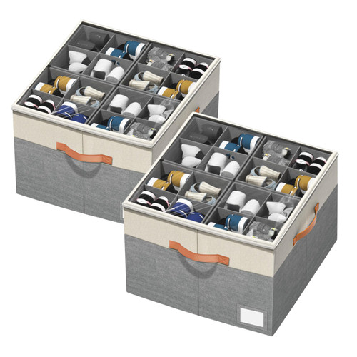 Aokeyee Shoe Organizer for Closet,2 Pack Foldable Shoe Storage Organizer Box Bin with Adjustable Dividers and Clear Cover, Fits up to 16-32 Pairs