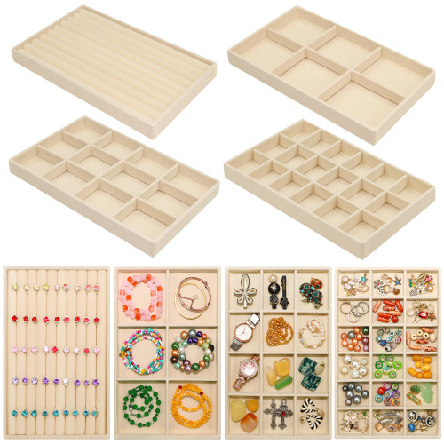 8 Pack Extra Large Jewelry Trays Stackable Jewelry Organizer for Drawer,Vanity & Dresser Velvet XX-Large Jewelry Display Storage Tray for Earring Ring Necklace Bracelets Watch with Removable Dividers