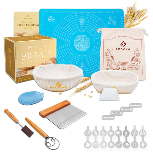 Reggimi Banneton Bread Proofing Basket Set - 27 Piece Bread Making Kit with Round and Oval Proofing Baskets for Sourdough Bread Baking, Lame, Dough Scraper, Whisk, Silicone Mat, Stencils, and More Reggimi Banneton Bread Proofing Basket Set - 27 Piece Bread Making Kit with Round and Oval Proofing Baskets for Sourdough Bread Baking, Lame, Dough Scraper, Whisk, Silicone Mat, Stencils, and More
