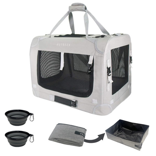 Petseek Extra Extra Large Cat Carrier Soft Sided, Portable Small Dog Carrier for 2 Cats, 24"x16.5"x16" Car Travel Folding Comfortable Design with Litter Box and Bowls, Grey+ Litter Box+ Bowl*2