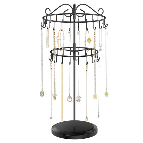 iDavosic.ly 2 Tier Rotating Necklace Holder Organizer with 42 Hooks, Black