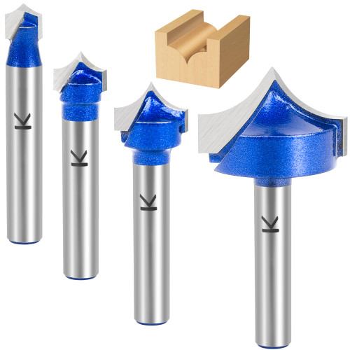 4Pcs Carbide Groove Point Cutting Roundover Router Bit Set 1/4" Shank
