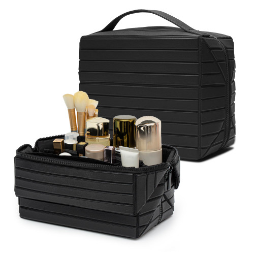 Minoisome Travel Makeup Bag,PU leather toiletry bag,make up organizer case for women,Large Capacity Cosmetic Bag,Wide-open Pouch Purse，Toiletries Accessories，Fold-Down Design and Adjustable Dividers.