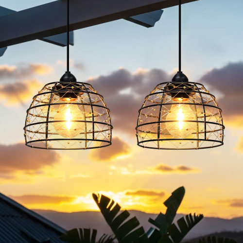 FabStyl Battery Operated Hanging Outdoor Chandelier, 4/6/8 H Timer, Dimmable Bohemian Hanging Shed Gazebo Lights Outdoor Waterproof for Patio, Porch, Gazebo, Pergola, Kitchen Decor Lighting