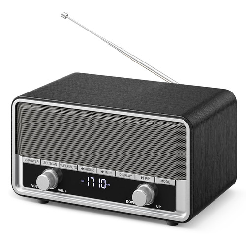Audiocrazy Retro Wood AM FM Bluetooth Radio with Time/Station Display