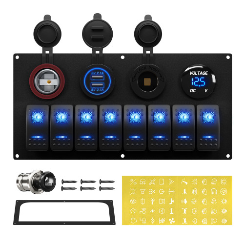 RVBOATPAT Marine Boat Switch Panel Waterproof 8 Gang 12V Rocker Switch Panel 12 Volt Toggle Switch Panel Blue LED Lighted for Automotive Car Truck