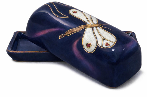 Mara Stoneware Collectible Butter Dish - Mexican Pottery - Blue with Dragonfly Design