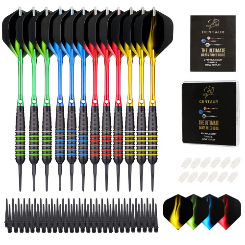 centaur 12 Pack Soft Tip Darts, Professional 18 Gram Plastic Tip Dart Sets with 4 Colors Premium Aluminum Shafts 100 Dart Tips 16 Dart Flights and Dart Case for Electronic Dart Board