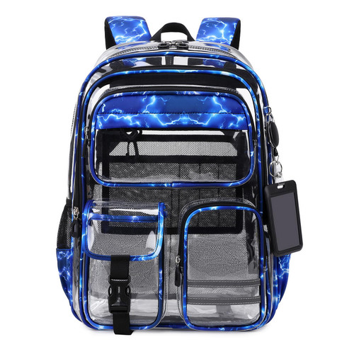 QIXIHU Clear Backpack for School,Transparent Backpack Stadium Events,Heavy Duty Clear Bookbag for Girls,Boys,Work,Sport Blue Lightning
