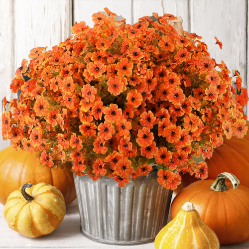 16 Bundles Artificial Mums for Outdoors Garden Home Decoration Fake Mums UV Resistant Fake Mums Silk Faux Flower Plastic Plants for Outside No Fade Fall Decor for Front Porch Pot Decor