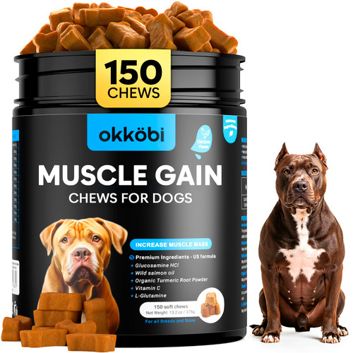 11-in-1 Muscle Gain Chews - Weight Gain Supplements for Dogs with High Protein & Amino Acids - Premium Muscle Builder for Bully & All Breeds - Healthy for Puppies - 150 Chews - Chicken