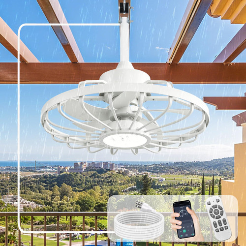 Depuley Outdoor Ceiling Fan with Light: 20 Inch Outdoor Gazebo Hanging Fans with Remote App - Waterproof Plug in Caged Ceiling Fan for Patio Porch Canopy Pergola white