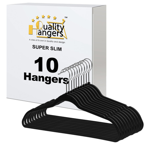 Quality Hangers 10 Pack Slim Plastic Hangers for Clothes - 16.5" Won't Crease Your Clothes, Heavy Duty Non-Velvet Black Hangers, 360° Swivel Chrome Hook Dresses Coats Shirts (10, Black)