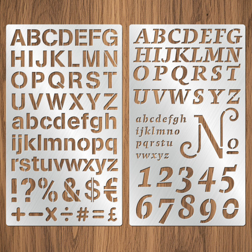 2PCS Stainless Steel Stencils Set for Engraving,Wood Burning - Reusable Alphabet Number Font Templates with Decorative Patterns for Metal,Wood,Leather,Glass,Journaling DIY Crafts (4x7 Inch)