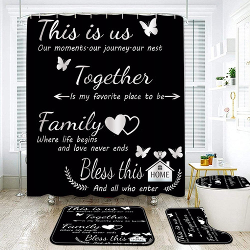 NEWSUYAA Black Bathroom Shower Curtain Set with Family Quotes,4 Pcs Home Inspirational Bath Decor with Non-Slip Bath Mat, Toilet Lid Cover & U-Shape Rug, Modern Farmhouse 72x72 Inch with Hooks