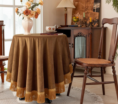 F-CHU Camel 60 Inch RoundTablecloth Thickset Velvet Tablecloth with Beautiful Gold Tassels Vintage Table Cloth for Home Decor Wedding, Party, Banquet and Events 60" Round