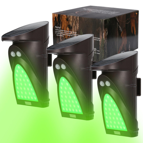 3-Pack Lilbees Solar Wild Game Feeder Lights, 360° Coverage Motion Activated Hog Hunting Array, Blind-Spot-Free Pre-Trigger PIR, Frosted Stealth Green LED, Heavy Duty Ranch Security Lighting