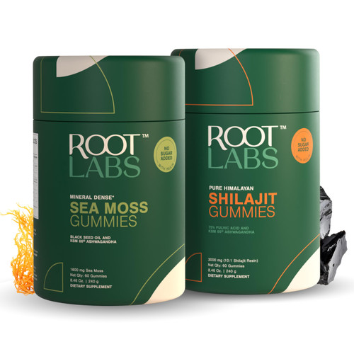 ROOT LABS Pure Himalayan Shilajit & Sea Moss Gummies Combo I 3000 mg Shilajit, 1600 mg Sea Moss I Lab Tested I No Added Sugar | 75%+ Fulvic Acid, 92+ Minerals I KSM 66 Ashwagandha I 1 Month Pack