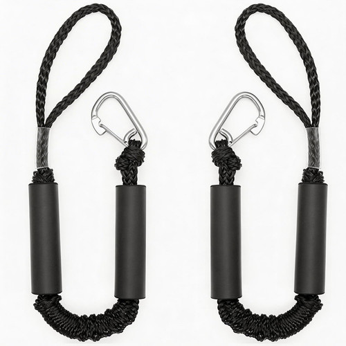 2FT Black Bungee Dock Lines for Boats, 2 Pc Heavy Duty Shock Absorbing Boat Dock Lines with 316 Stainless Steel Clips, Marine Grade Elastic Mooring Rope for Jet Ski, PWC, Kayak, Small Boat Accessories