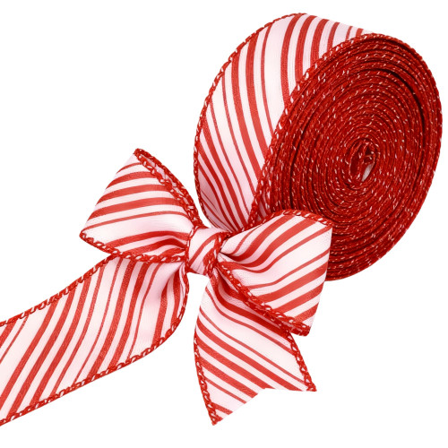 Meseey Red White Diagonal Stripe Wired Ribbon 2.5in x 20Yd Candy Cane Christmas Decor Ribbon