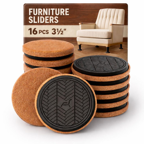 Felt Furniture Sliders for Hardwood Floors Protectors, PISAO 16 PCS 3 ½” Heavy Duty Furniture Pads Movers for Hard Surfaces - Chair Leg Protectors, Move Large Furniture Easily