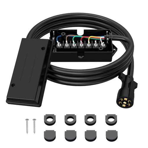 Gonice 8FT 7 Pin Trailer Wiring Harness with 7 Gang Junction Box, Heavy Duty 7 Way Trailer Cord for Trailers RVs Campers, Weatherproof