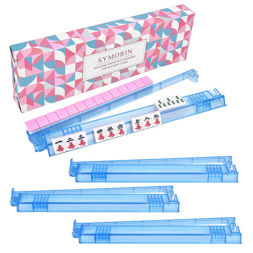 Premium Mahjong Racks with Pushers,4-Pack Non-Slip Acrylic Racks,Blue
