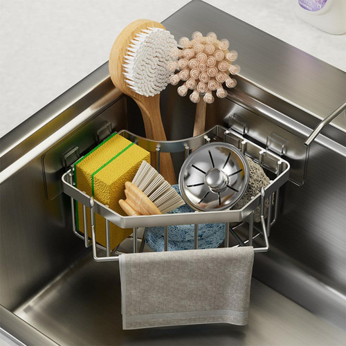 Sink Organizer, Silver Stainless Steel Sponge Holder with Towel Bar, Self-Adhesive Kitchen Storage Rack，Suitable for right-angle sinks