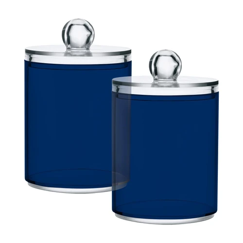 Qilmy Navy Blue Qtip Holder 2 Pack, 14 oz Apothecary Jars Bathroom Vanity Organizer Canister for Qtips, Cotton Swabs, Cotton Balls, Cosmetic Pads, Flossers, Bath Salts