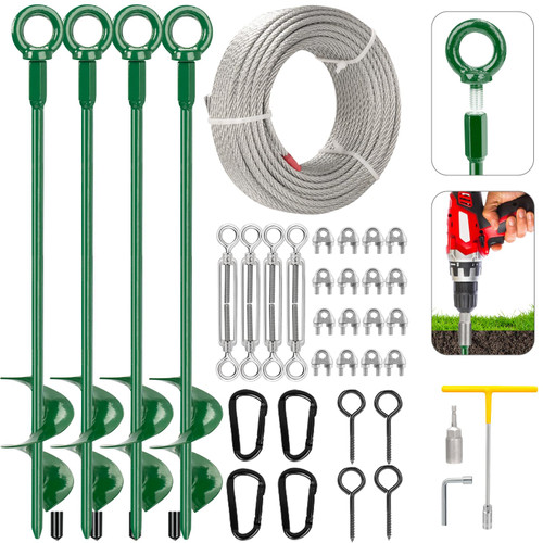 Fuuner 4 Pack 30" Shed Anchor Kit, Triple Helix Ground Earth Anchors with 50 FT 3/16" Galvanized Cable, 4 Turnbuckles & Drill Adapter, Green Auger Anchor for Canopy Gazebo Trampoline Swing Set