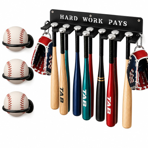 BIHOMIFI Baseball Bat Wall Mount Rack & Baseball Ring Set, Heavy Duty Steel Organizer with Glove Hooks, Garage Bedroom Dugout Storage for 10-14 Bats, Hardware Included