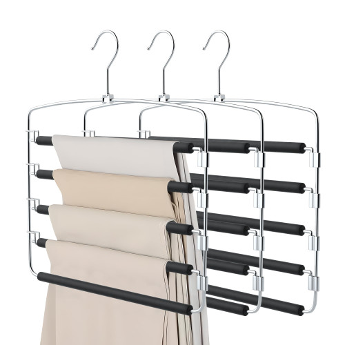 Cycleacc Pants Hangers, 3 Pack Anti-Slip Space Saving Hangers, 5 Layer Swing Arm Pants Hanger Stainless Steel with Non-Slip Padding, Closet Organizers & Storage for Pants Trousers Jeans Scarf