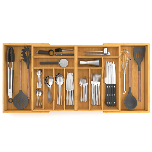 Suli Extra Large Silverware Drawer Organizer,Expandable 22in to 37in,Bamboo