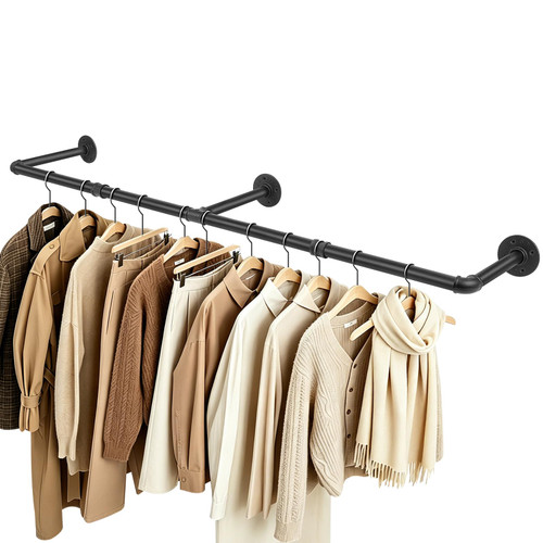 Winmien Industrial Pipe Clothes Rack, 50 In Heavy Duty Wall Mounted Garment Rack, DIY Rustic Iron Clothing Bar for Bedroom Closet Laundry Room, Multi-Purpose Hanging Rod, Matte Black