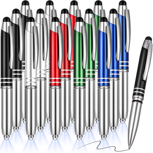 Zonon 15 Pieces 3 in 1 Multi-Function Touch Pen with LED Flashlight and Stylus Tip Multi-Function Ballpoint Pen, 1.0 mm Black Ink Ballpoint for Touch Screens Back to School Gifts(Delicate Colors)